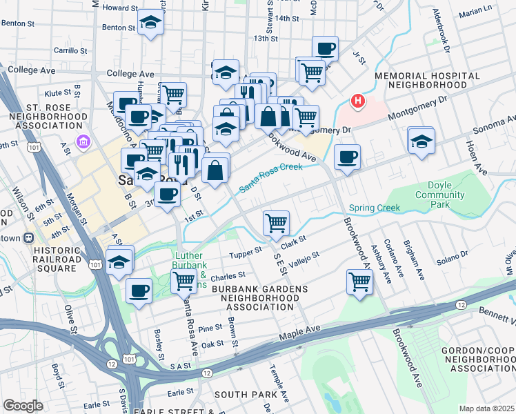 map of restaurants, bars, coffee shops, grocery stores, and more near 824 Sonoma Avenue in Santa Rosa