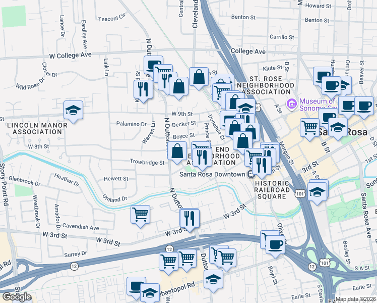 map of restaurants, bars, coffee shops, grocery stores, and more near 244 West 8th Street in Santa Rosa