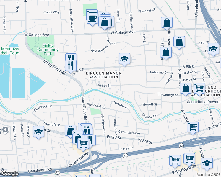 map of restaurants, bars, coffee shops, grocery stores, and more near 928 West 8th Street in Santa Rosa