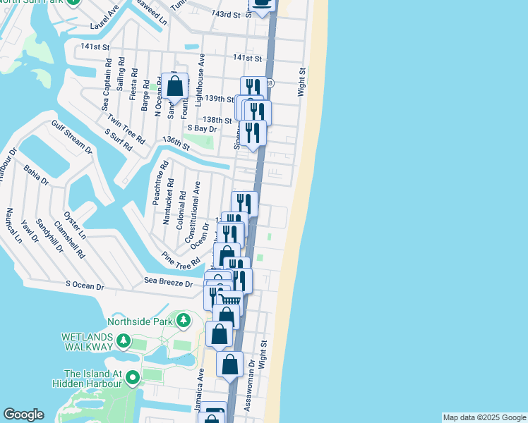 map of restaurants, bars, coffee shops, grocery stores, and more near 13300 Assawoman Drive in Ocean City