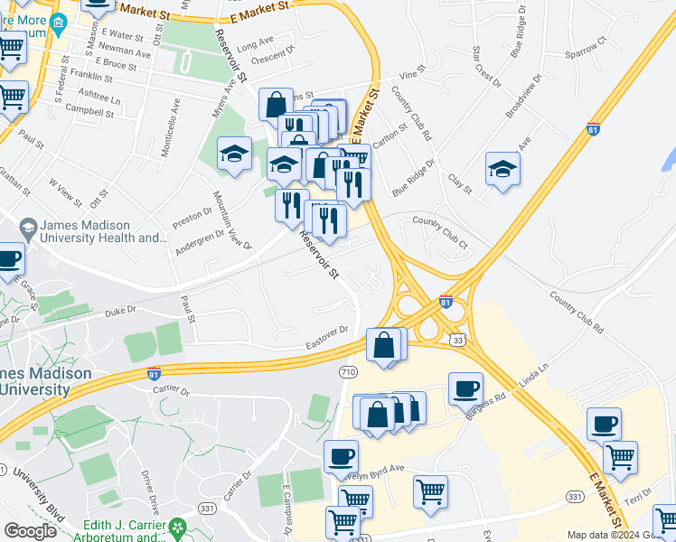 map of restaurants, bars, coffee shops, grocery stores, and more near 1218 Reservoir Street in Harrisonburg