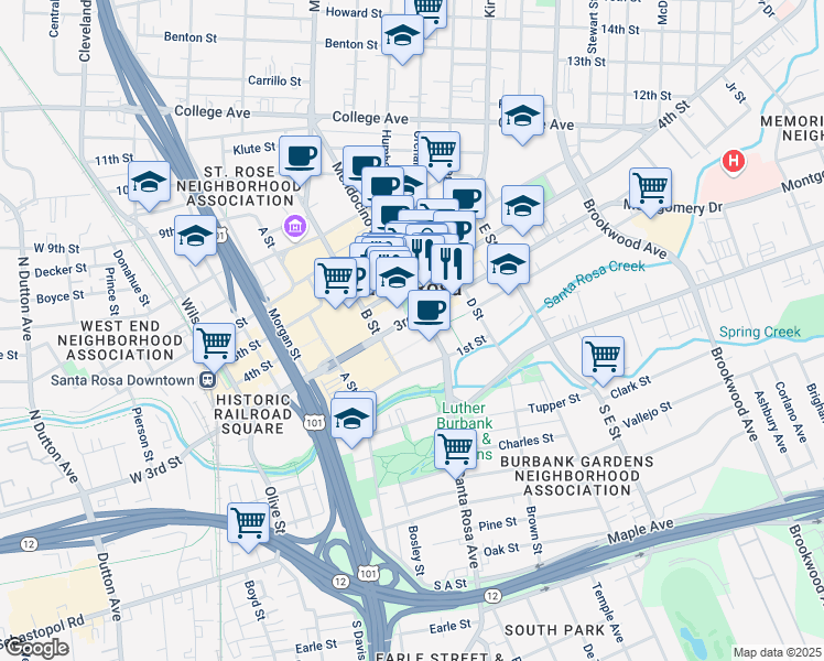 map of restaurants, bars, coffee shops, grocery stores, and more near 521 2nd Street in Santa Rosa