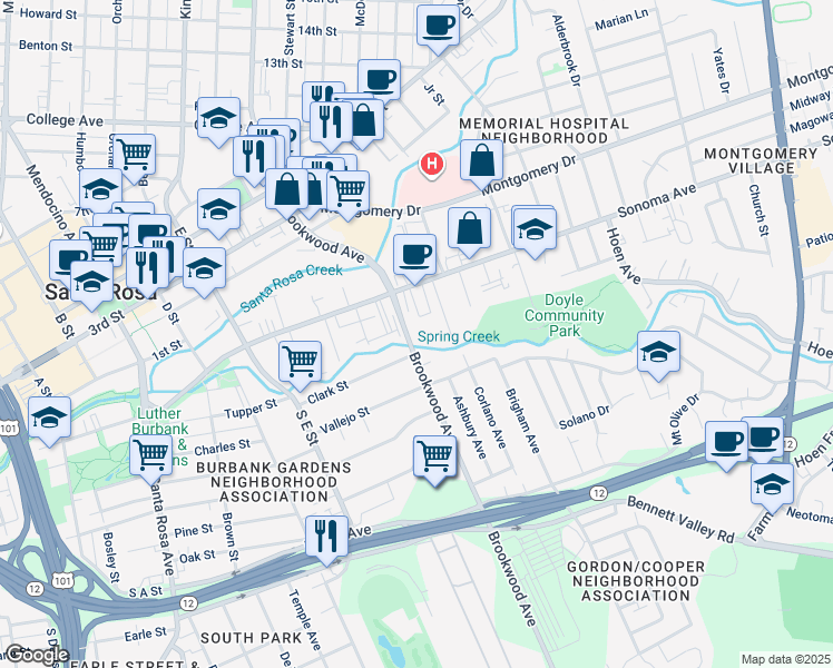 map of restaurants, bars, coffee shops, grocery stores, and more near 220 Brookwood Avenue in Santa Rosa