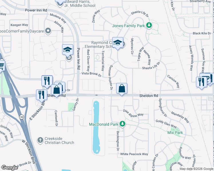 map of restaurants, bars, coffee shops, grocery stores, and more near 8556 Sierra Brook Court in Elk Grove