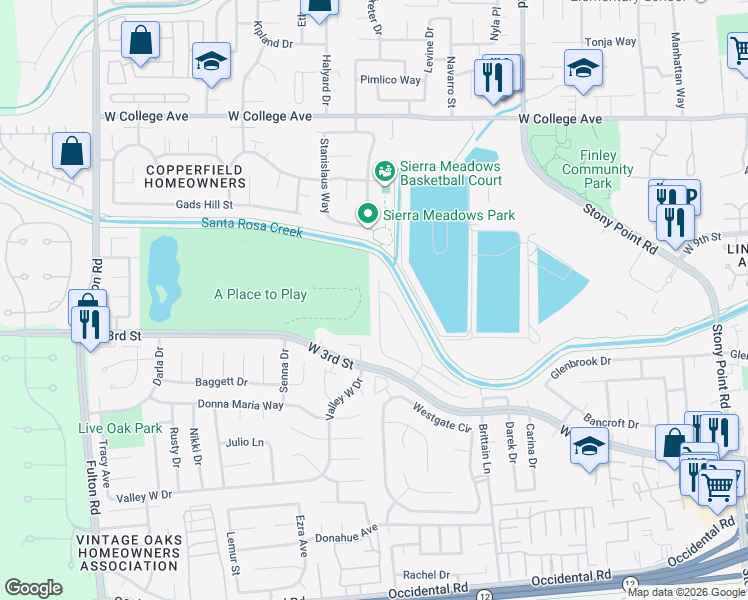 map of restaurants, bars, coffee shops, grocery stores, and more near 237 Arboleda Drive in Santa Rosa