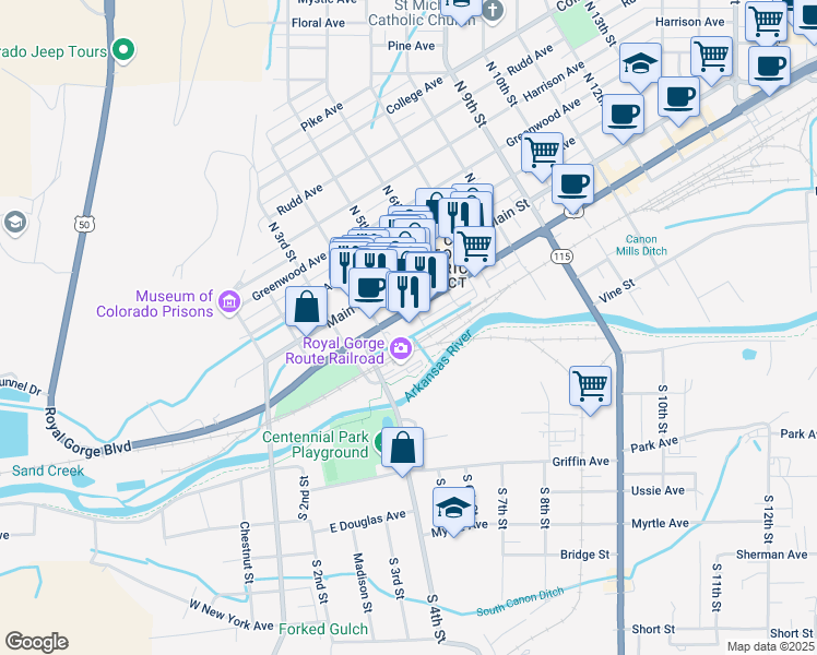 map of restaurants, bars, coffee shops, grocery stores, and more near 420 Royal Gorge Boulevard in Cañon City