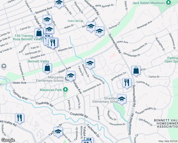 map of restaurants, bars, coffee shops, grocery stores, and more near 1715 Calavaras Drive in Santa Rosa