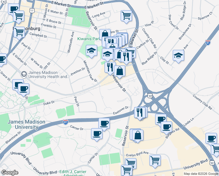 map of restaurants, bars, coffee shops, grocery stores, and more near 1121 Reservoir Street in Harrisonburg