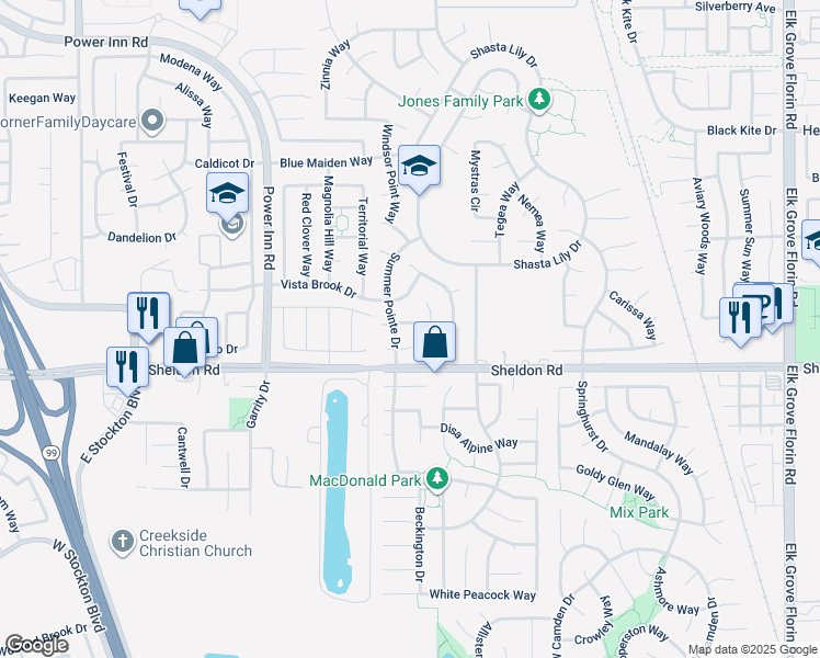 map of restaurants, bars, coffee shops, grocery stores, and more near 8584 Canyon Brook Way in Elk Grove