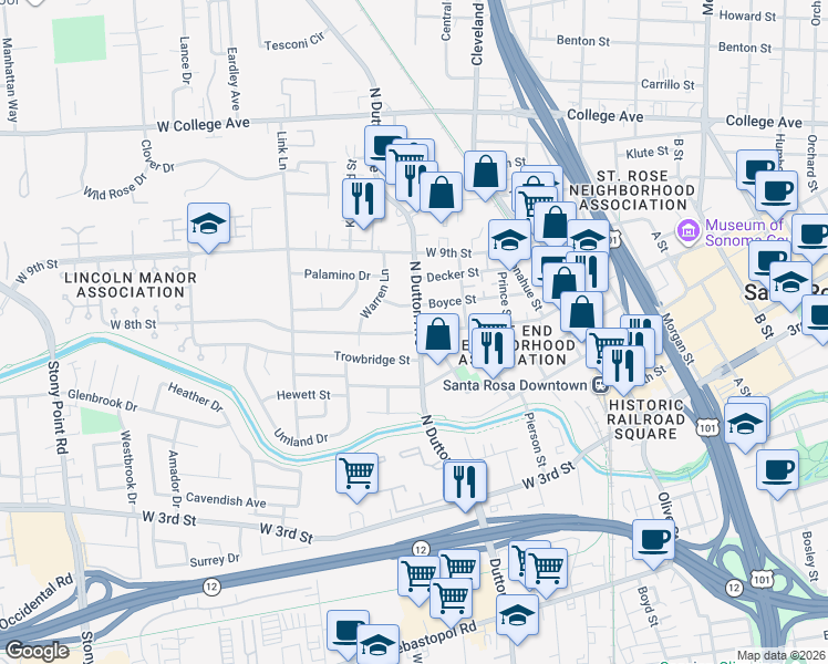 map of restaurants, bars, coffee shops, grocery stores, and more near 340 West 8th Street in Santa Rosa
