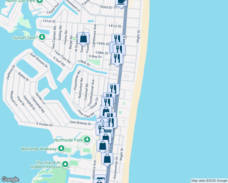 map of restaurants, bars, coffee shops, grocery stores, and more near 103 Marine Circle in Ocean City