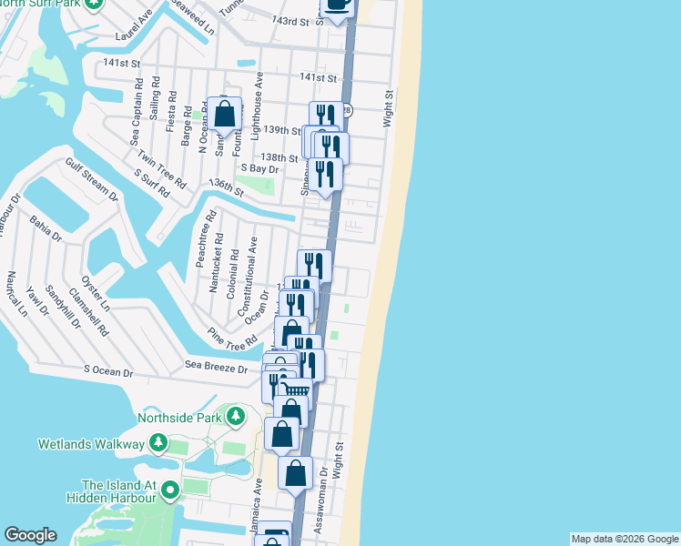 map of restaurants, bars, coffee shops, grocery stores, and more near 13300 Assawoman Drive in Ocean City