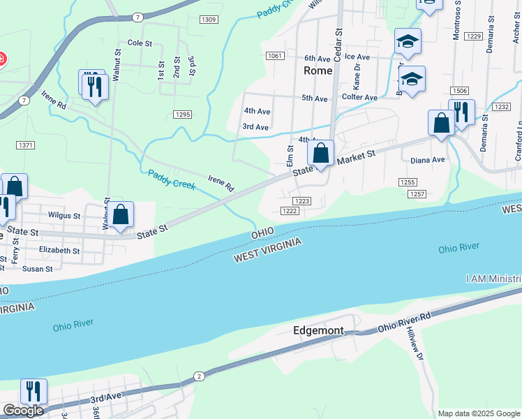 map of restaurants, bars, coffee shops, grocery stores, and more near 7328 County Road 107 in Proctorville