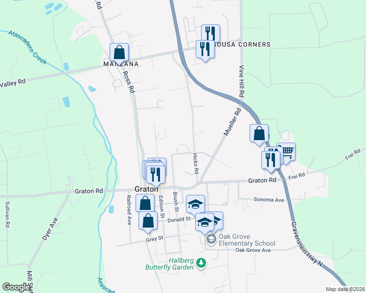 map of restaurants, bars, coffee shops, grocery stores, and more near 3430 Hicks Road in Sebastopol