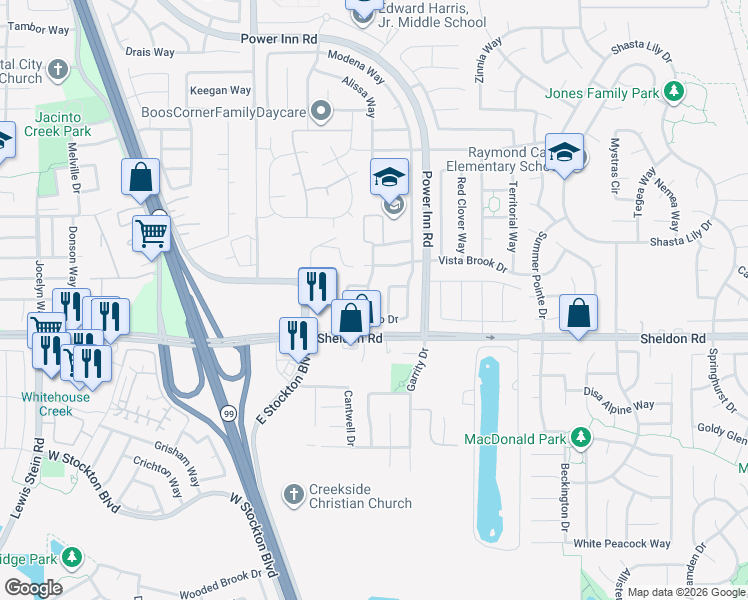 map of restaurants, bars, coffee shops, grocery stores, and more near 8747 Gessnger Drive in Elk Grove