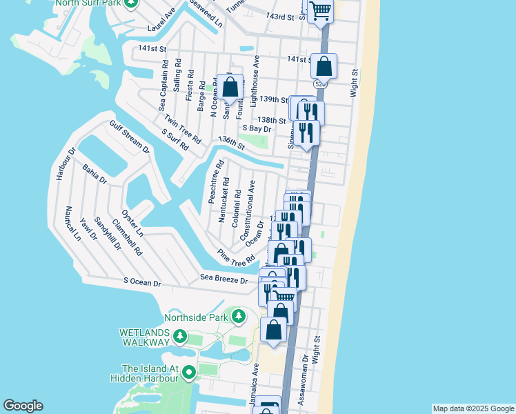 map of restaurants, bars, coffee shops, grocery stores, and more near 13307 Ocean Drive in Ocean City