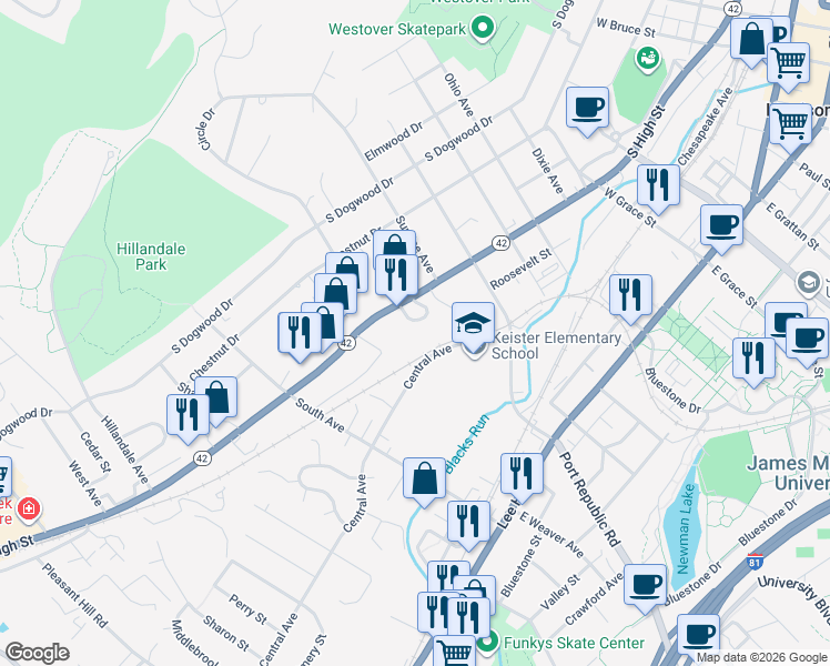 map of restaurants, bars, coffee shops, grocery stores, and more near 922 South High Street in Harrisonburg
