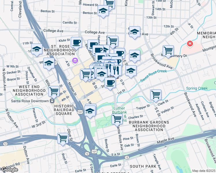map of restaurants, bars, coffee shops, grocery stores, and more near 521 2nd Street in Santa Rosa