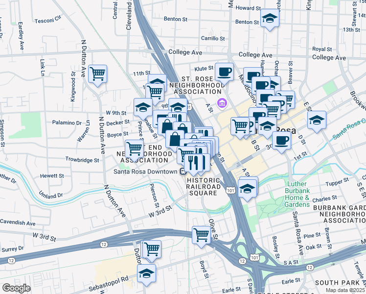 map of restaurants, bars, coffee shops, grocery stores, and more near 5 West 6th Street in Santa Rosa