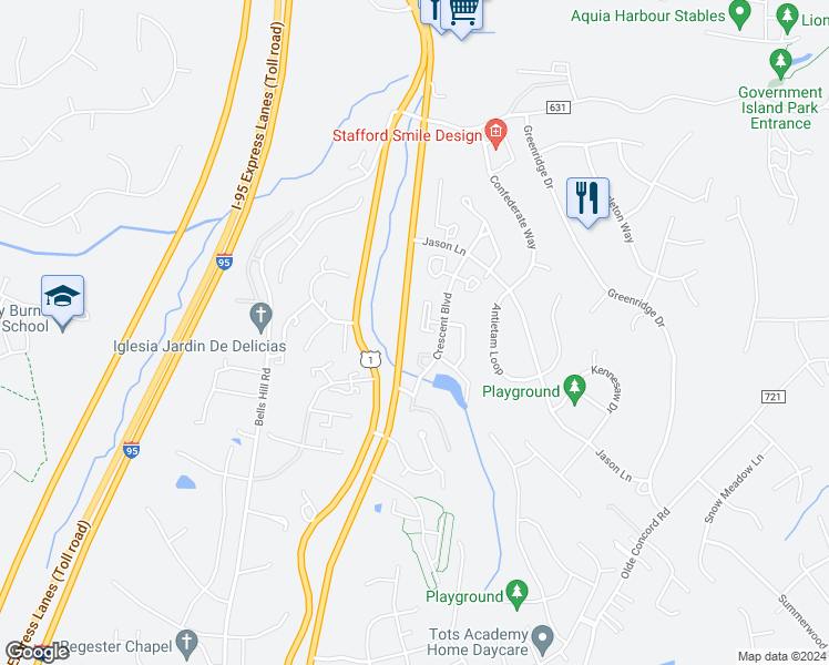 map of restaurants, bars, coffee shops, grocery stores, and more near 412 Pilot Knob Loop in Stafford