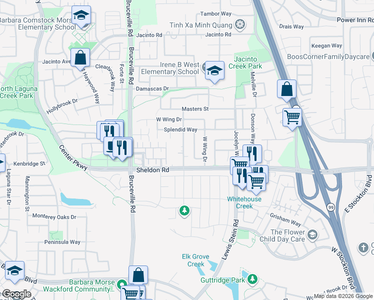 map of restaurants, bars, coffee shops, grocery stores, and more near 8743 Whitehouse Rd in Elk Grove