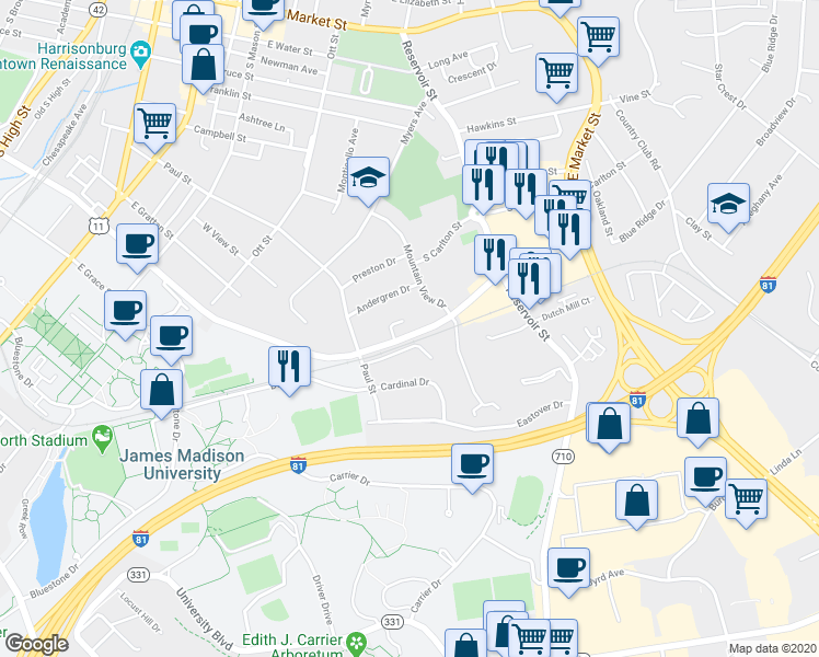 map of restaurants, bars, coffee shops, grocery stores, and more near 526 Tabb Court in Harrisonburg