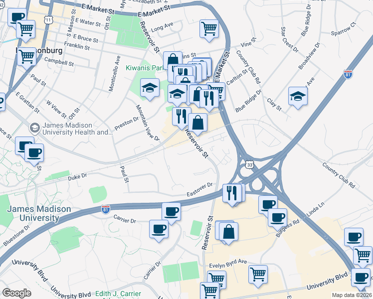 map of restaurants, bars, coffee shops, grocery stores, and more near 1225 Reservoir Street in Harrisonburg