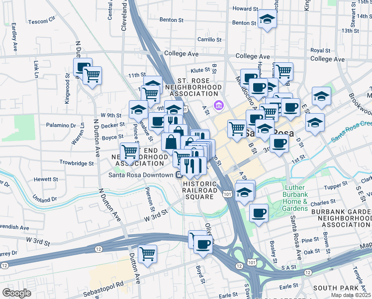 map of restaurants, bars, coffee shops, grocery stores, and more near 123 6th Street in Santa Rosa