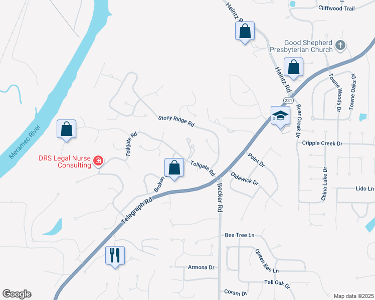 map of restaurants, bars, coffee shops, grocery stores, and more near 3103 Broken Oak Drive in St. Louis