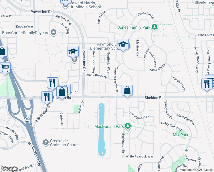 map of restaurants, bars, coffee shops, grocery stores, and more near 8556 Sierra Brook Court in Elk Grove