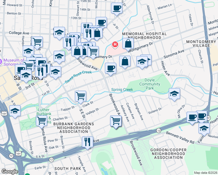 map of restaurants, bars, coffee shops, grocery stores, and more near 220 Brookwood Avenue in Santa Rosa