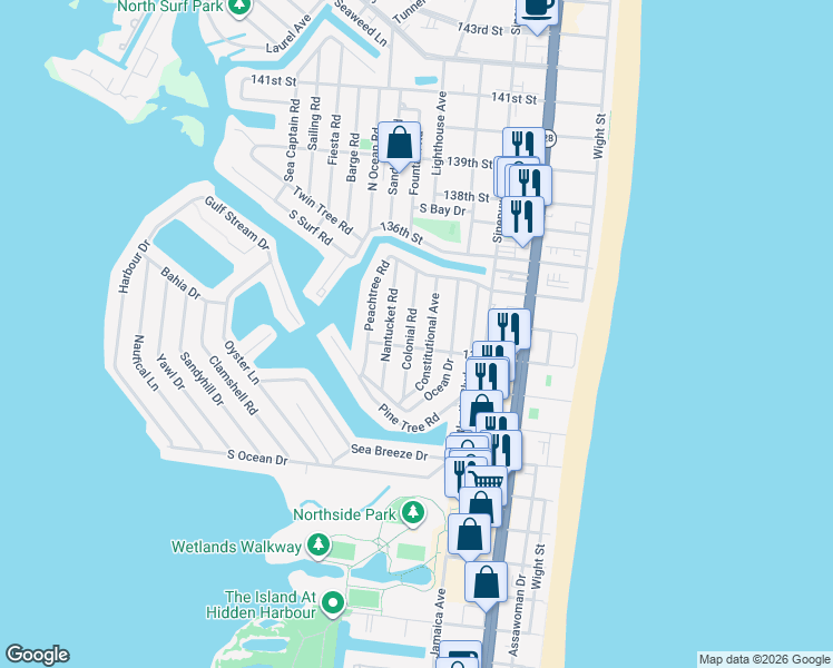 map of restaurants, bars, coffee shops, grocery stores, and more near 13301 Colonial Road in Ocean City