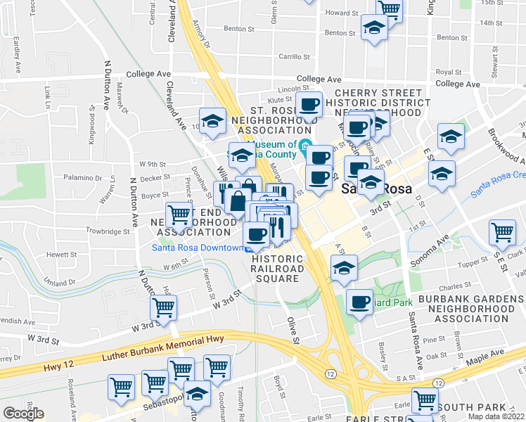 map of restaurants, bars, coffee shops, grocery stores, and more near 125 6th Street in Santa Rosa