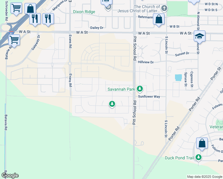 map of restaurants, bars, coffee shops, grocery stores, and more near 7707 Pitt School Road in Dixon