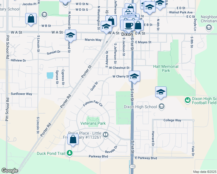 map of restaurants, bars, coffee shops, grocery stores, and more near Gold Street in Dixon