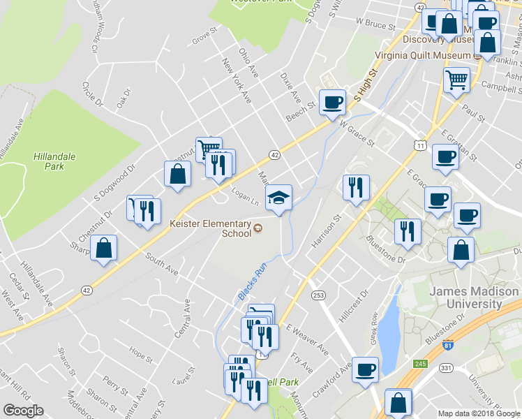 map of restaurants, bars, coffee shops, grocery stores, and more near 153 Logan Lane in Harrisonburg