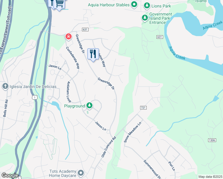 map of restaurants, bars, coffee shops, grocery stores, and more near 30 Greenridge Drive in Stafford