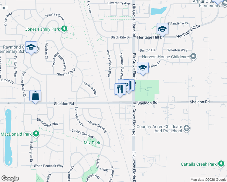 map of restaurants, bars, coffee shops, grocery stores, and more near 8765 Sequoia Wood Court in Elk Grove