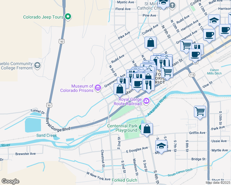 map of restaurants, bars, coffee shops, grocery stores, and more near in Cañon City