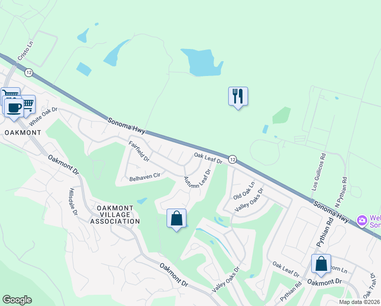 map of restaurants, bars, coffee shops, grocery stores, and more near 7121 Oak Leaf Drive in Santa Rosa