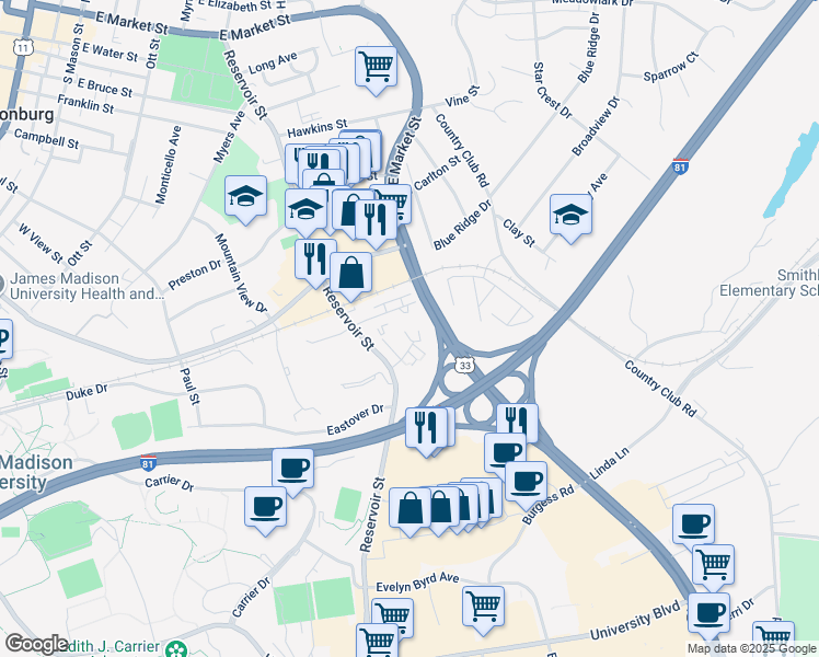 map of restaurants, bars, coffee shops, grocery stores, and more near 10c Holly Court in Harrisonburg