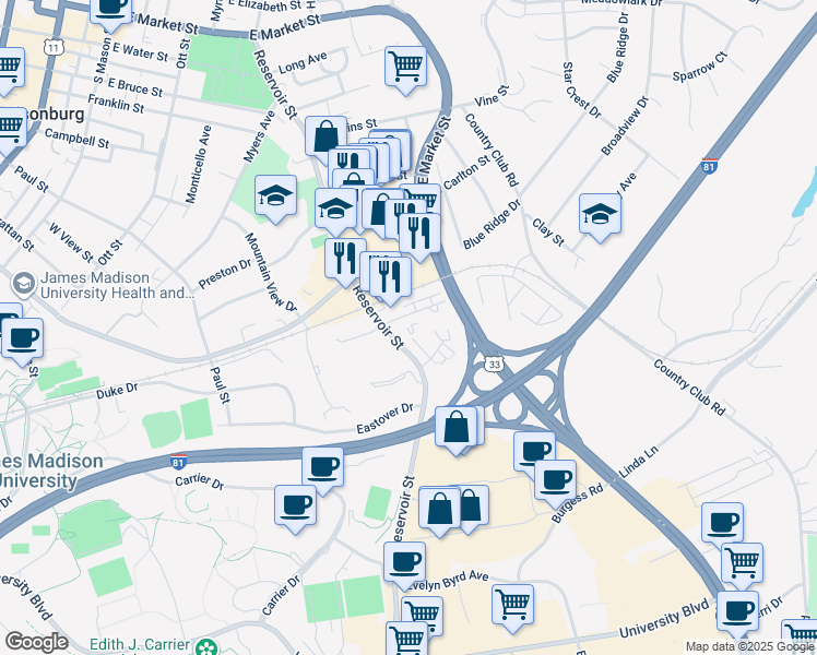 map of restaurants, bars, coffee shops, grocery stores, and more near 1224 Reservoir Street in Harrisonburg