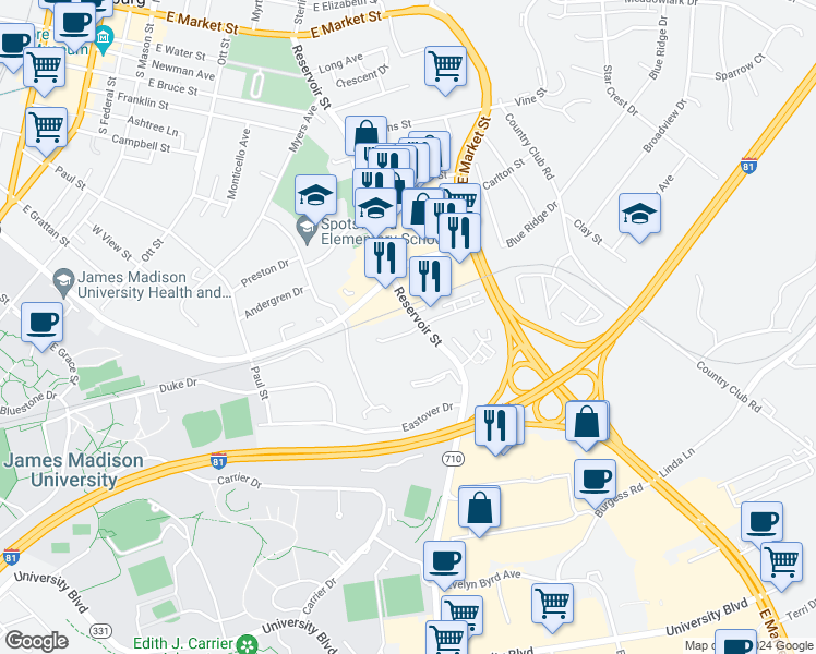 map of restaurants, bars, coffee shops, grocery stores, and more near 1225 Reservoir Street in Harrisonburg