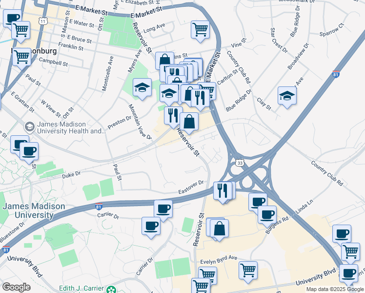 map of restaurants, bars, coffee shops, grocery stores, and more near 1225 Reservoir Street in Harrisonburg