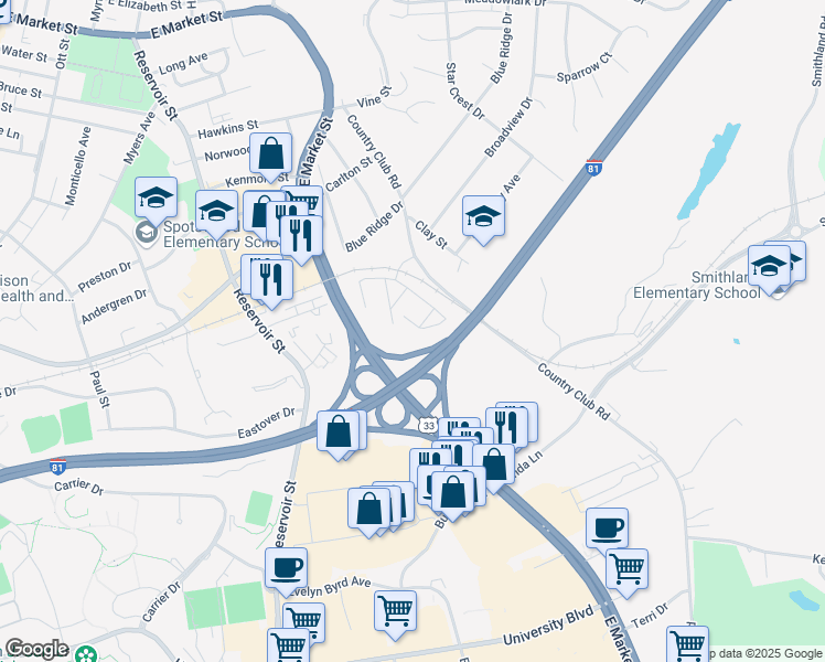 map of restaurants, bars, coffee shops, grocery stores, and more near 1467 Country Club Court in Harrisonburg