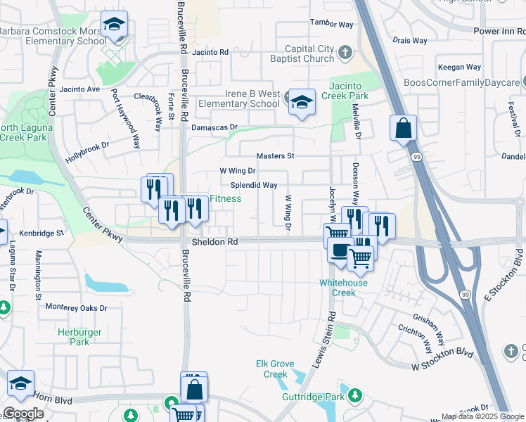 map of restaurants, bars, coffee shops, grocery stores, and more near 8735 Whitehouse Road in Elk Grove