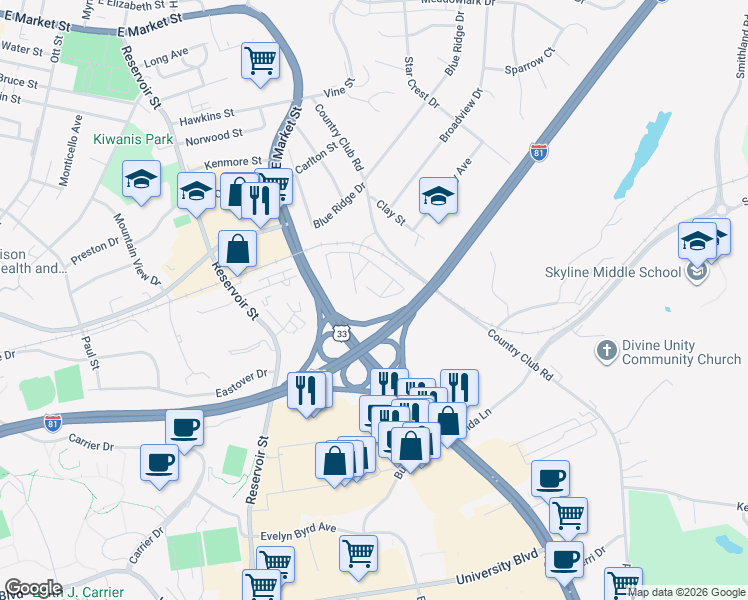 map of restaurants, bars, coffee shops, grocery stores, and more near 1467 Country Club Court in Harrisonburg