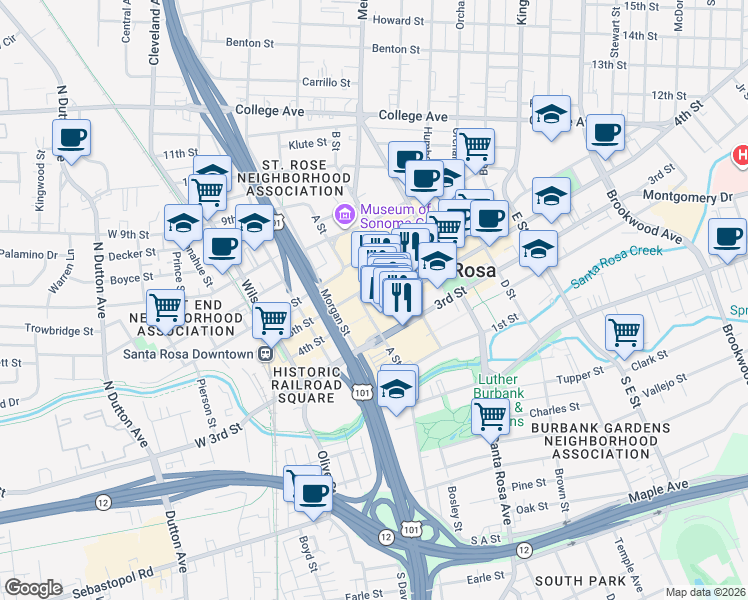 map of restaurants, bars, coffee shops, grocery stores, and more near 2108 Santa Rosa Plaza in Santa Rosa