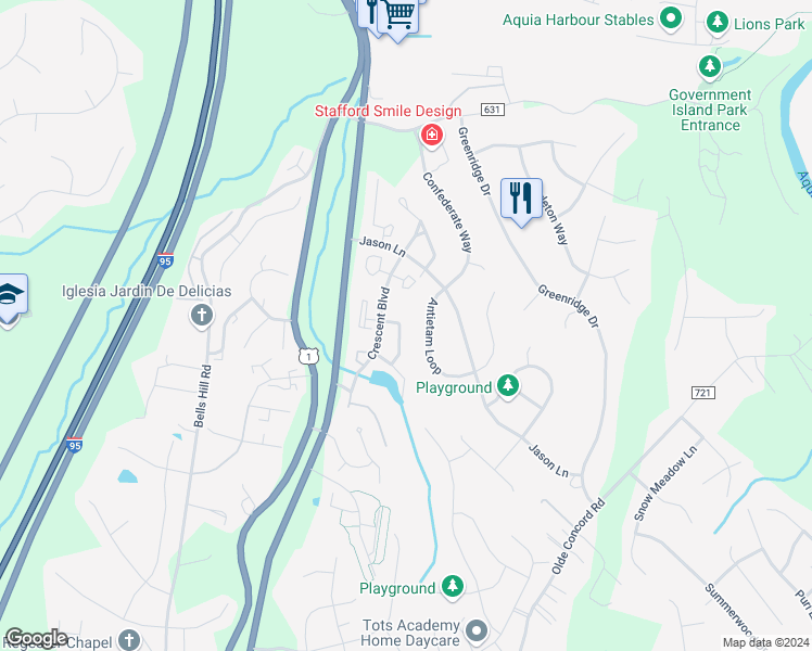 map of restaurants, bars, coffee shops, grocery stores, and more near 312 Gettysburg Court in Stafford