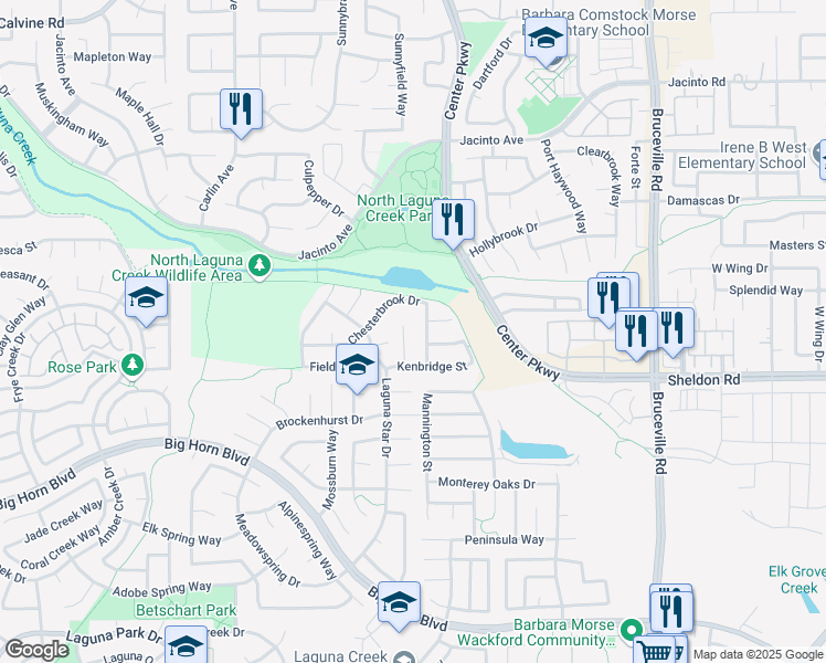 map of restaurants, bars, coffee shops, grocery stores, and more near 28 Whitestone Court in Elk Grove